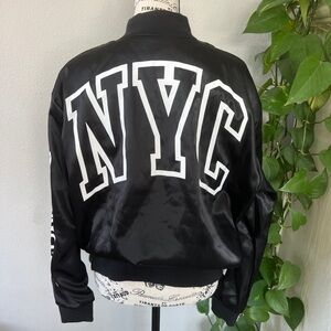 Victoria’s Secret PINK Black Satin NYC Bomber Jacket NWT Size M.